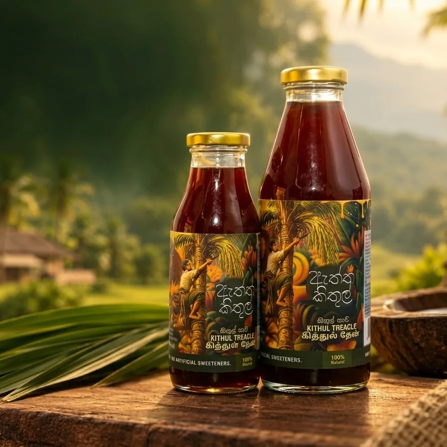 Authentic sealed glass bottles of Aththa Kithul treacle in Sri Lanka