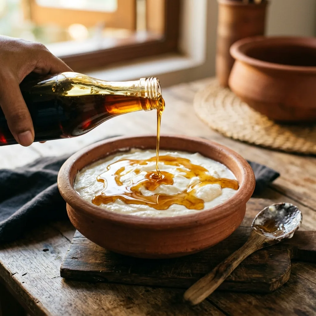 Traditional Sri Lankan buffalo curd (Mee Kiri) draped in Aththa Kithul treacle