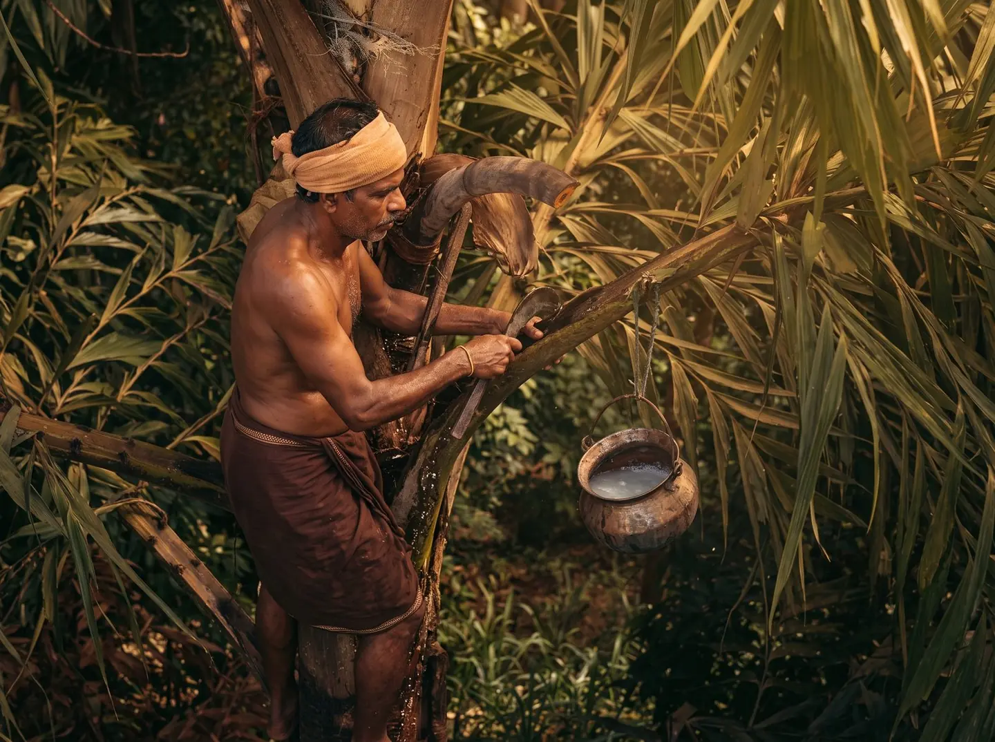 Sri Lankan Kithul tapper expertly scaling a Caryota urens palm
