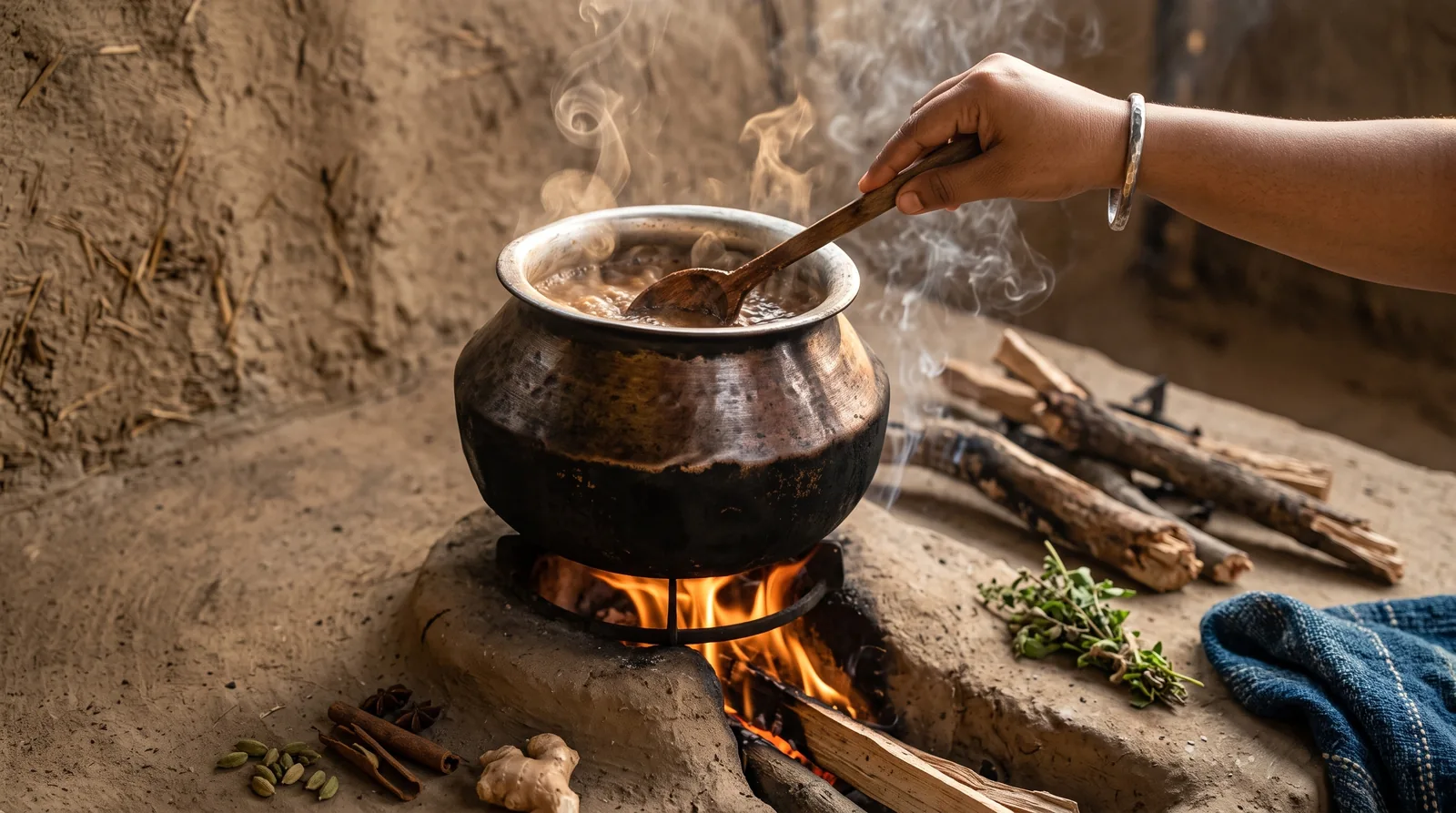Traditional sap boiling over open wood hearth